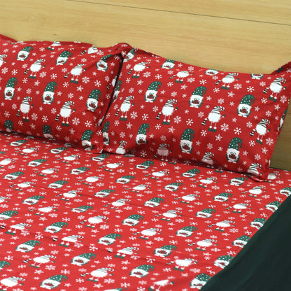 Festive Santa Print King Size Bedsheet with 2 Pillow Covers – Red & Green Christmas Theme