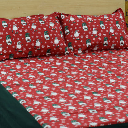 Festive Santa Print King Size Bedsheet with 2 Pillow Covers – Red & Green Christmas Theme