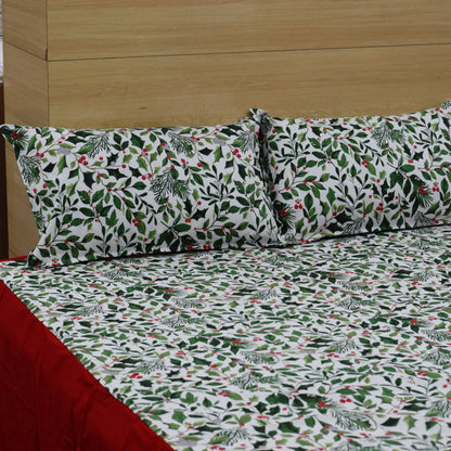Festive Leaf Print King Size Cotton Bed Sheet Set