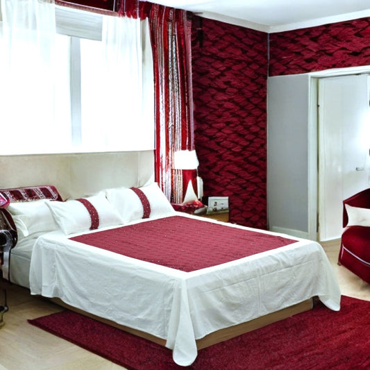 Elegant Maroon & White Cotton King Size Bedsheet Set with Pillow Covers