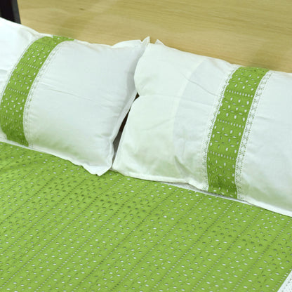 legant White & Green Cotton King Size Bedsheet with Pillow Covers