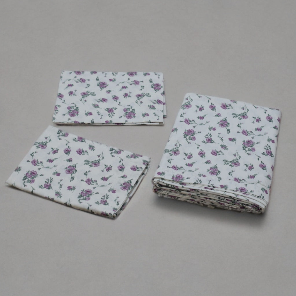 Floral Printed Cotton Bed Sheet Set – 3 Piece (White & Purple Roses)