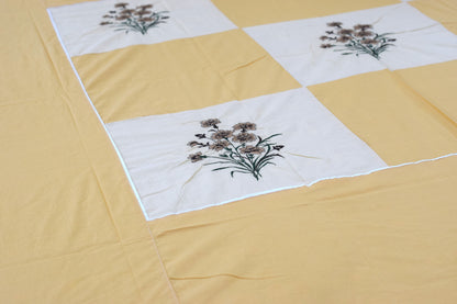 Yellow Floral Embroidered Queen Size Bedsheet Set with 2 Pillow Covers & 2 Cushions