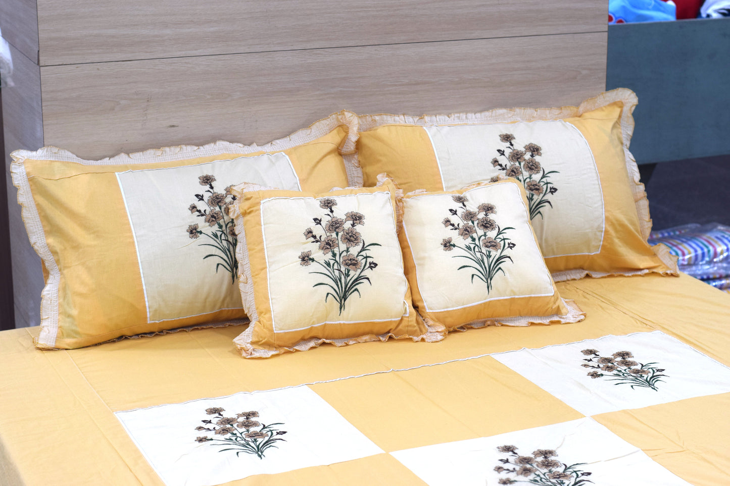 Yellow Floral Embroidered Queen Size Bedsheet Set with 2 Pillow Covers & 2 Cushions