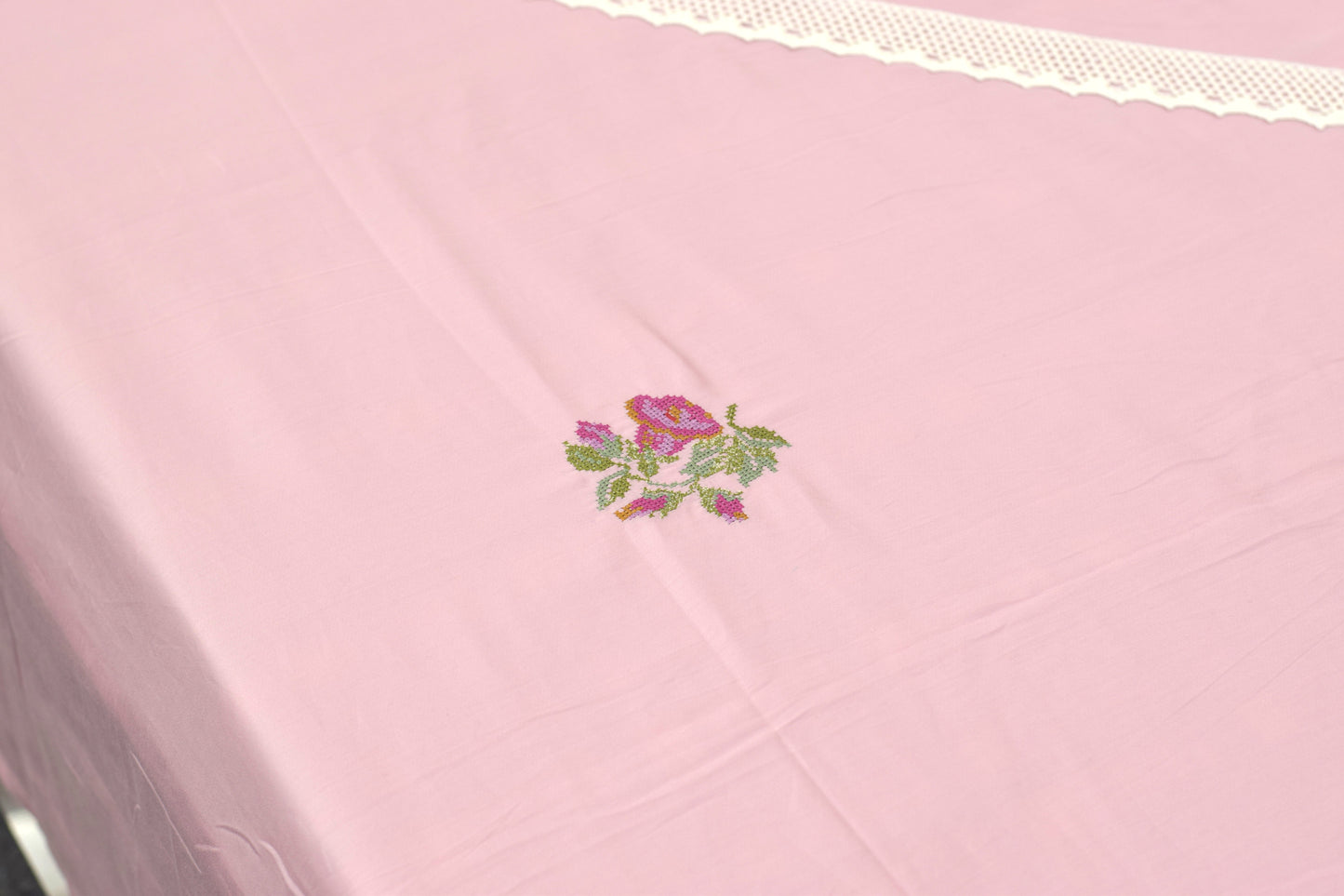 Pink Floral Embroidered King Size Bed Sheet with Lace Border & Pillow Covers