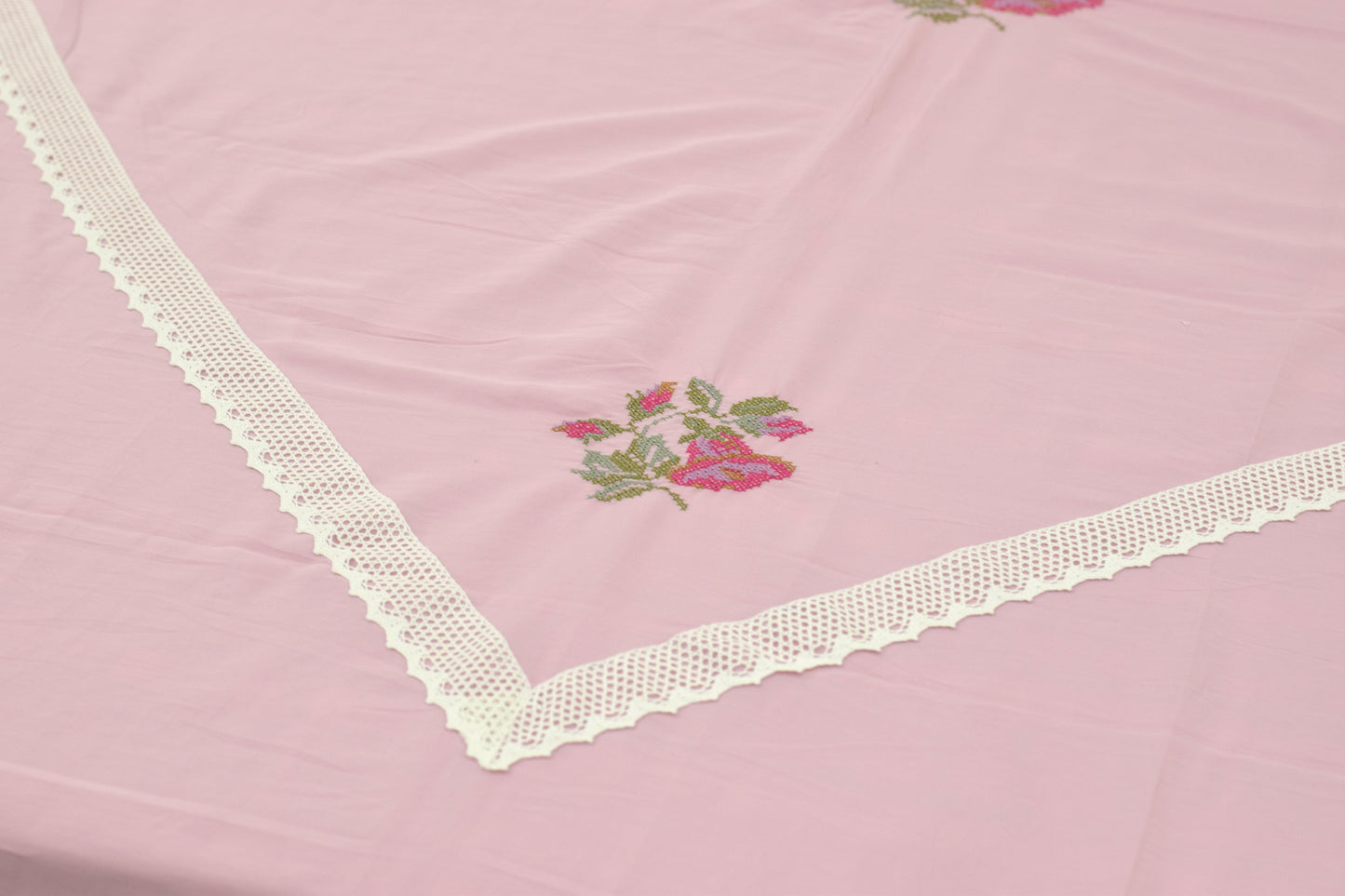 Pink Floral Embroidered King Size Bed Sheet with Lace Border & Pillow Covers