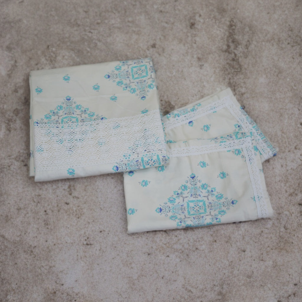 Elegant King Size Cotton Bed Sheet Set with Pillow Covers – Sky Blue Geometric Print