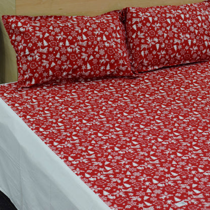 Festive Red Christmas Print King Size Cotton Bed Sheet with Pillow Covers