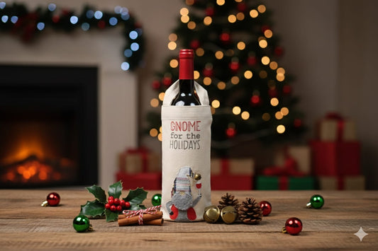 “Gnome for the Holidays” Christmas Wine Bottle Cover – Festive Fabric Gift Bag