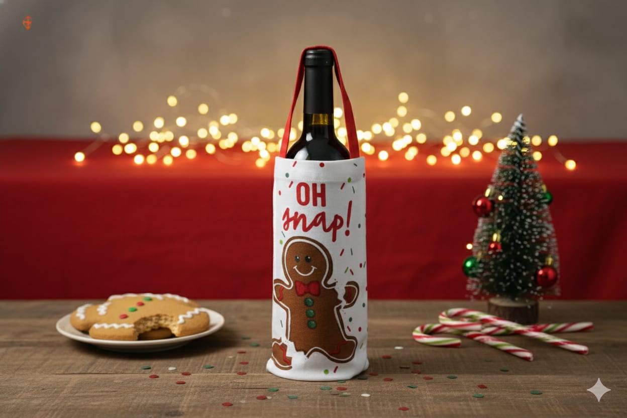 Christmas Gingerbread “Oh Snap!” Wine Bottle Cover – Festive Gift Bag