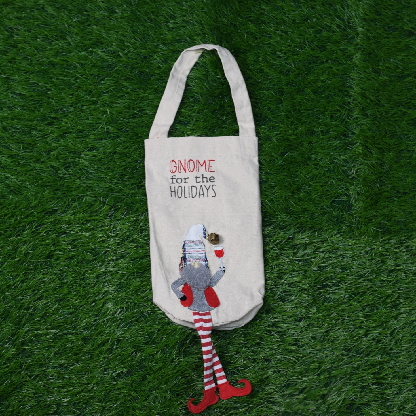 “Gnome for the Holidays” Christmas Wine Bottle Cover – Festive Fabric Gift Bag