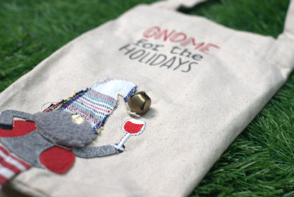 “Gnome for the Holidays” Christmas Wine Bottle Cover – Festive Fabric Gift Bag