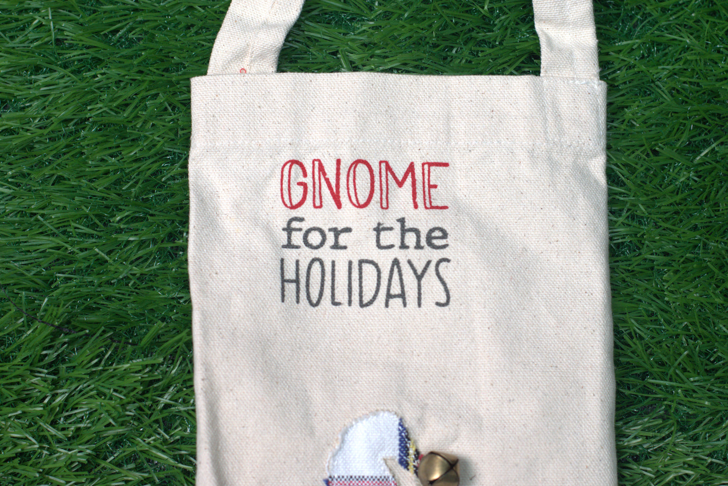“Gnome for the Holidays” Christmas Wine Bottle Cover – Festive Fabric Gift Bag