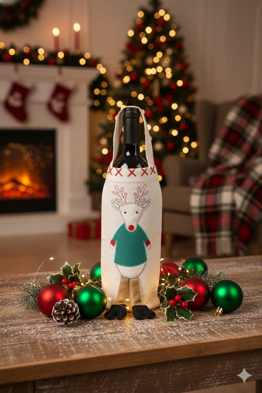 Christmas Reindeer Wine Bottle Cover – Holiday Table & Gift Decor