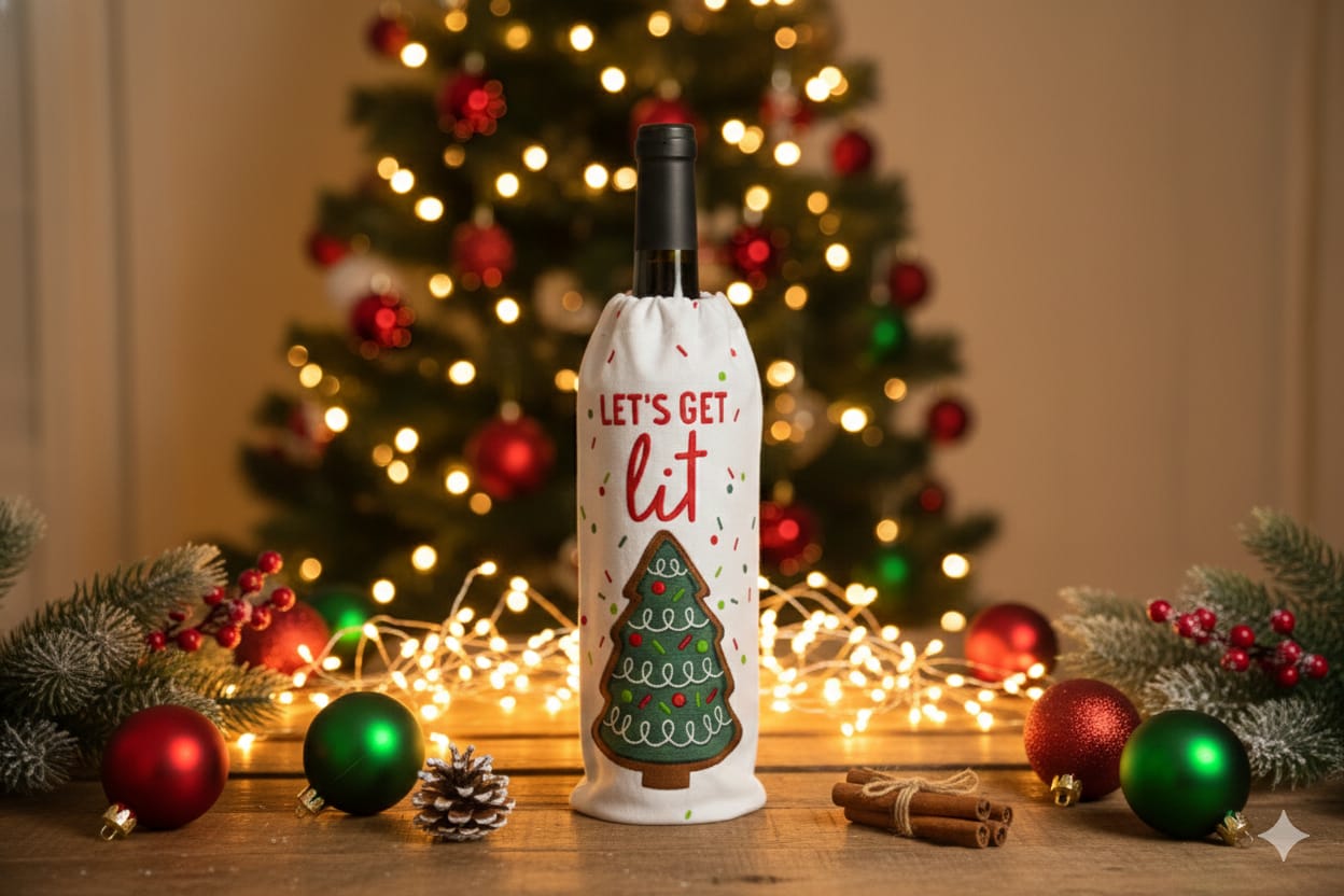 Christmas “Let’s Get Lit” Wine Bottle Cover Bag – Festive Gift Bag with Handle