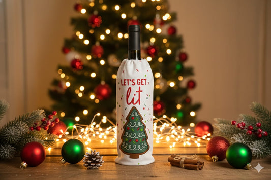 Christmas “Let’s Get Lit” Wine Bottle Cover Bag – Festive Gift Bag with Handle