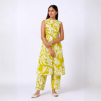 Bright Yellow Floral Co-Ord Set – Sleeveless Kurta with Straight Pants