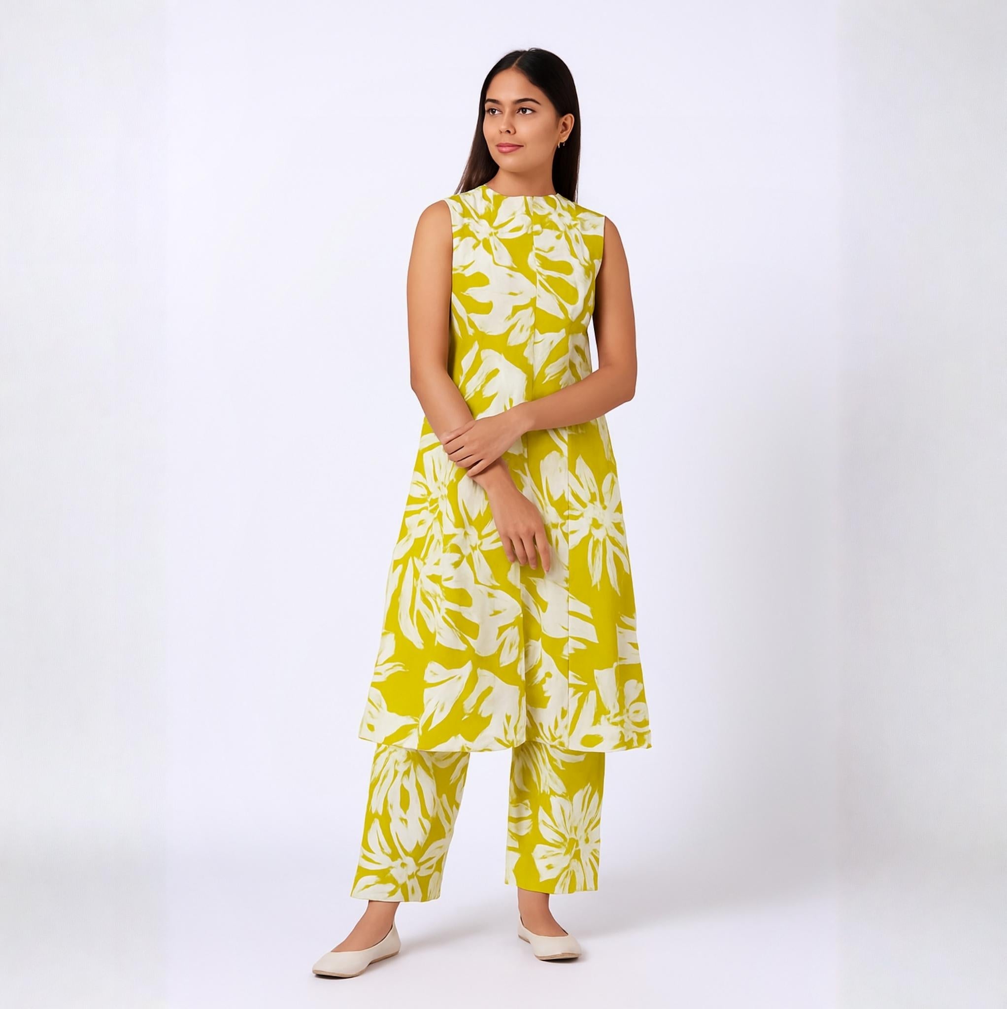 Bright Yellow Floral Co-Ord Set – Sleeveless Kurta with Straight Pants