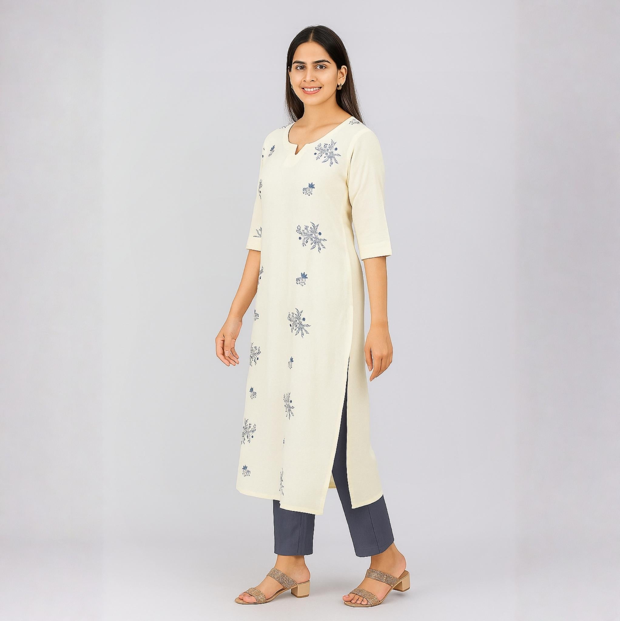 Elegant Cream Floral Embroidered Kurta Set with Pants