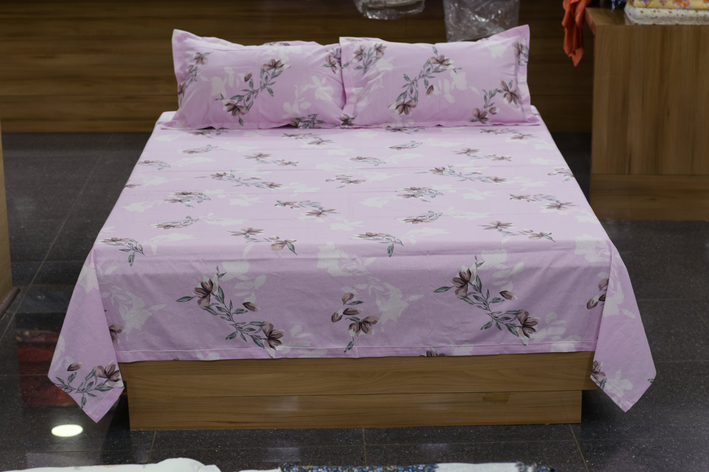 Pastel Pink Floral Queen Size Bedsheet Set with 2 Pillow Covers