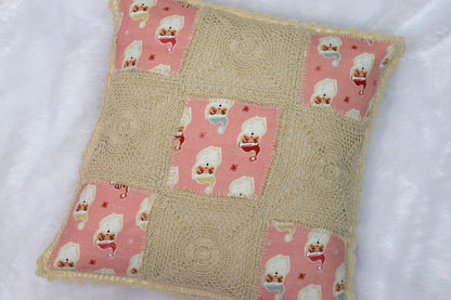 Handcrafted Crochet & Printed Cotton Cushion Cover – 16x16 Inch