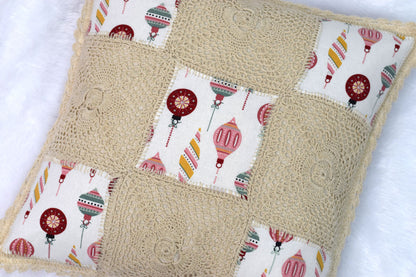 Handmade Crochet Patch Cushion Cover 16x16 Inch – Festive Ornament Design