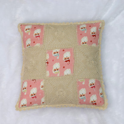 Handcrafted Crochet & Printed Cotton Cushion Cover – 16x16 Inch