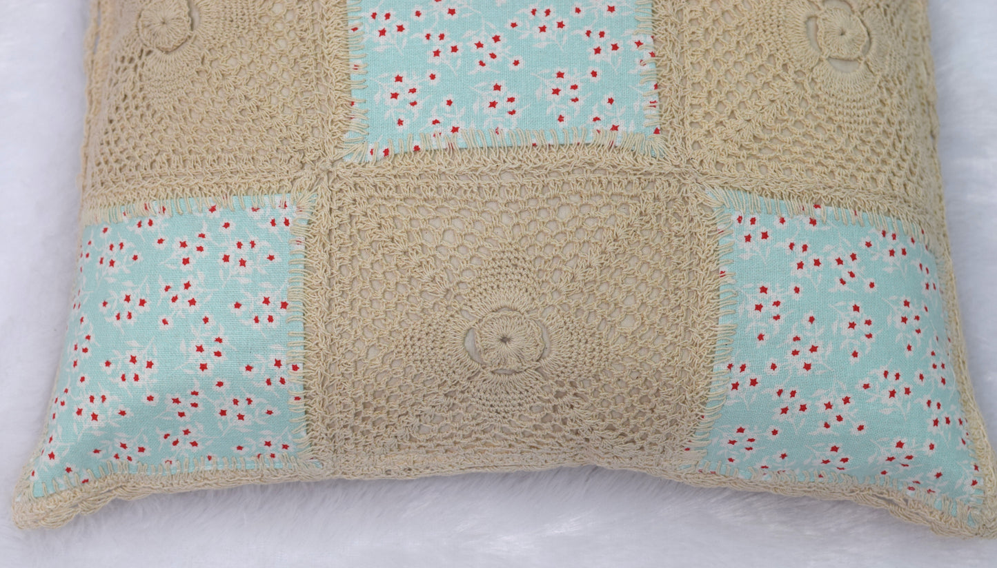 Handmade Crochet & Floral Patchwork Cushion Cover – 16x16 Inch