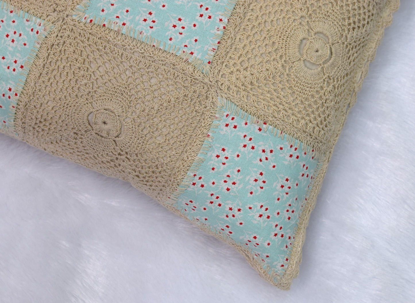 Handmade Crochet & Floral Patchwork Cushion Cover – 16x16 Inch