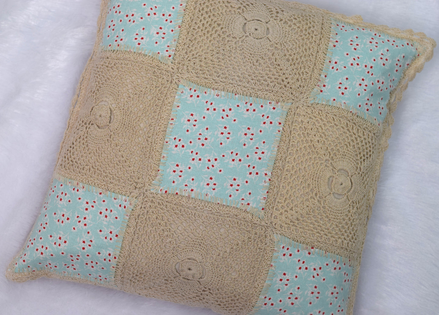 Handmade Crochet & Floral Patchwork Cushion Cover – 16x16 Inch
