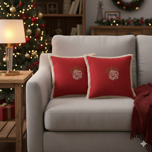 Christmas Red Cushion Cover Set of 2 (16x16 Inch) – Embroidered “Merry Christmas” Design with Lace Border