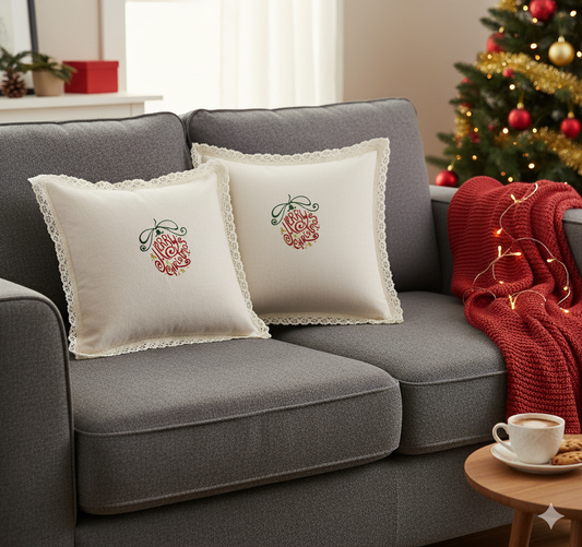 Handmade Christmas Cushion Covers (Set of 2) | 16x16 Inch Embroidered Merry Christmas Design with Lace Border