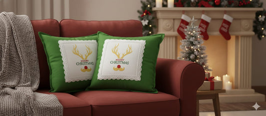 Christmas Reindeer Embroidered Cushion Cover – Green (16x16 Inch)