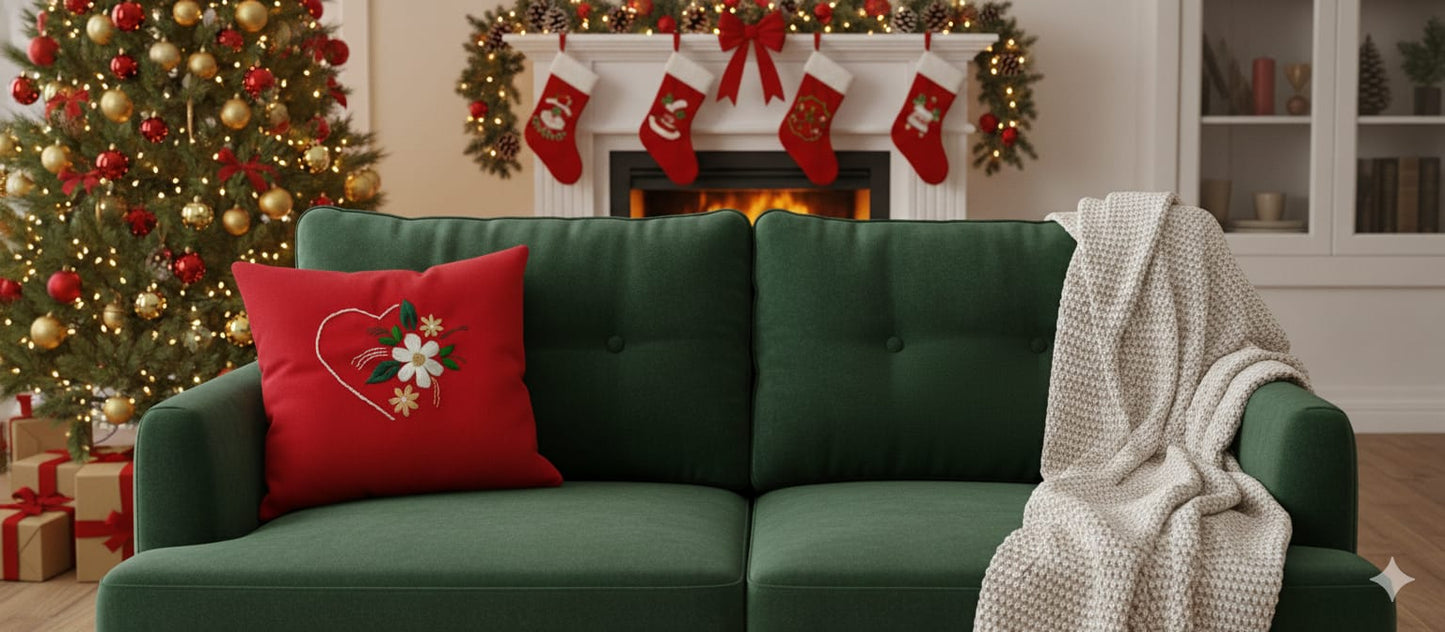 Red Embroidered Heart & Floral Cushion Cover – 16x16 Inch