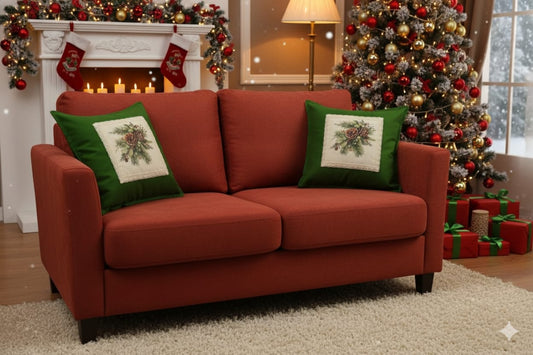 Festive Pinecone Cushion Cover – 16x16 Inch Green Cotton Pillow Cover with Lace Border