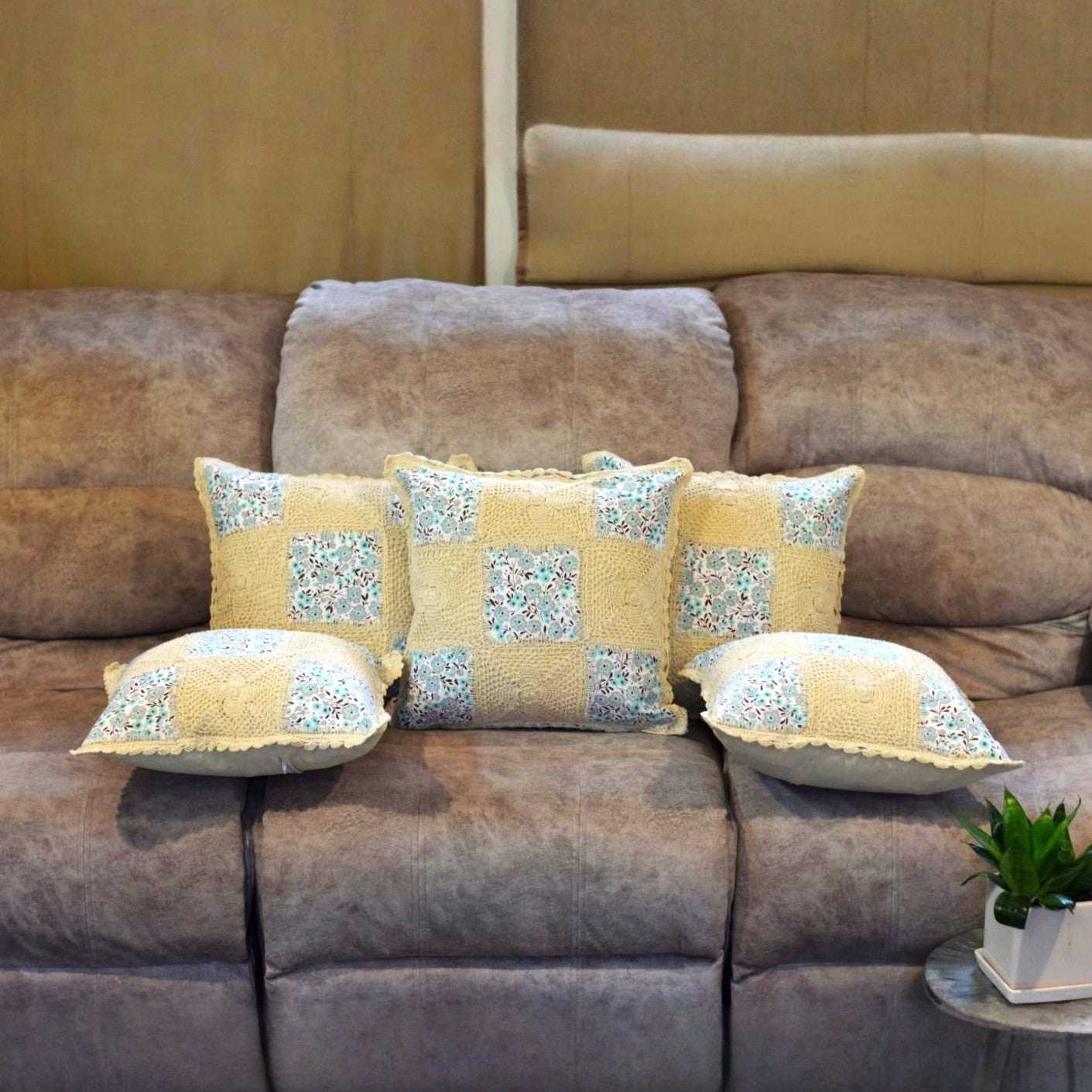 Handcrafted Patchwork Cushion Cover – Elegant Floral Design 16x16 Inch