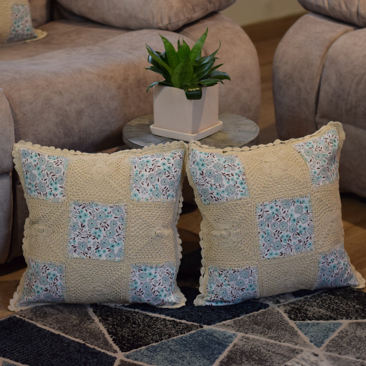 Handcrafted Patchwork Cushion Cover – Elegant Floral Design 16x16 Inch