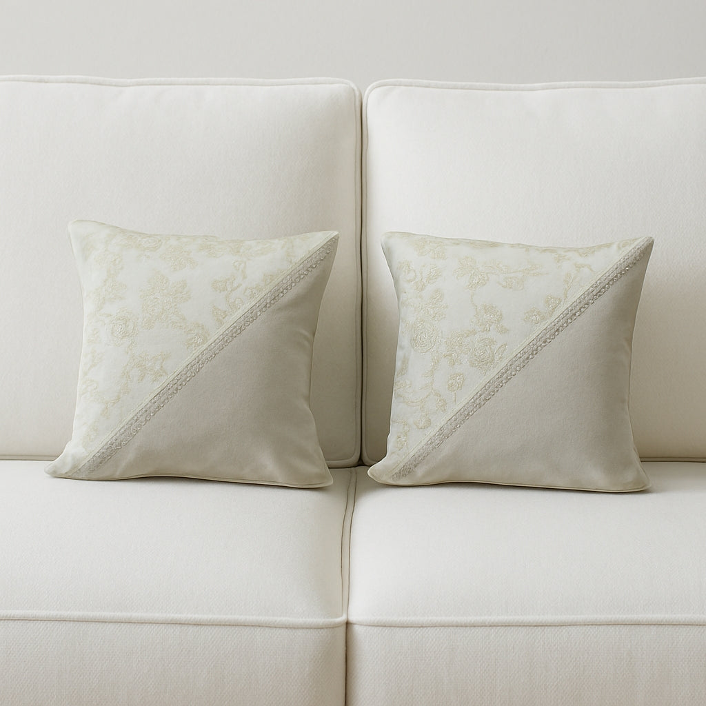 Elegant Beige Floral & Jute Diagonal Design Cushion Covers – Set of 2