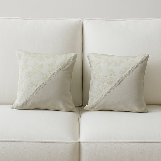 Elegant Beige Floral & Jute Diagonal Design Cushion Covers – Set of 2