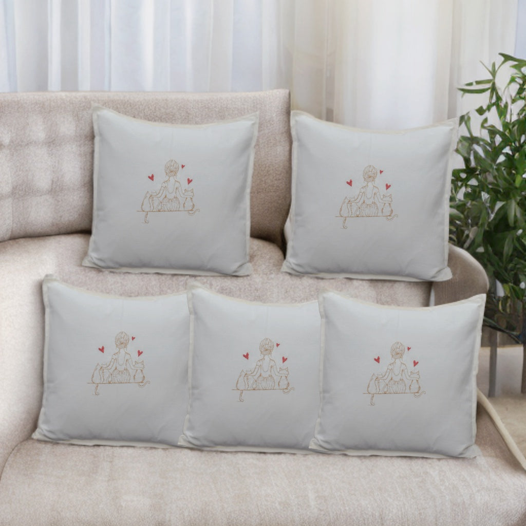 Set of 5 Cute Cat & Girl Embroidered Cushion Covers – Soft Beige