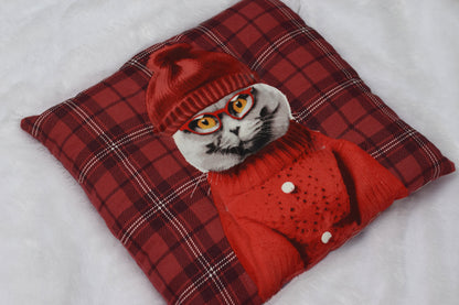 Cozy Cat Print Cushion – Red Checkered 16x16 Inch Decorative Pillow