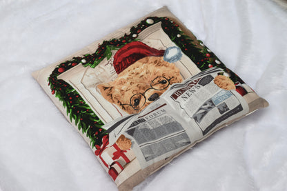 Christmas Teddy Reading Newspaper Cushion  – 16x16 Inch