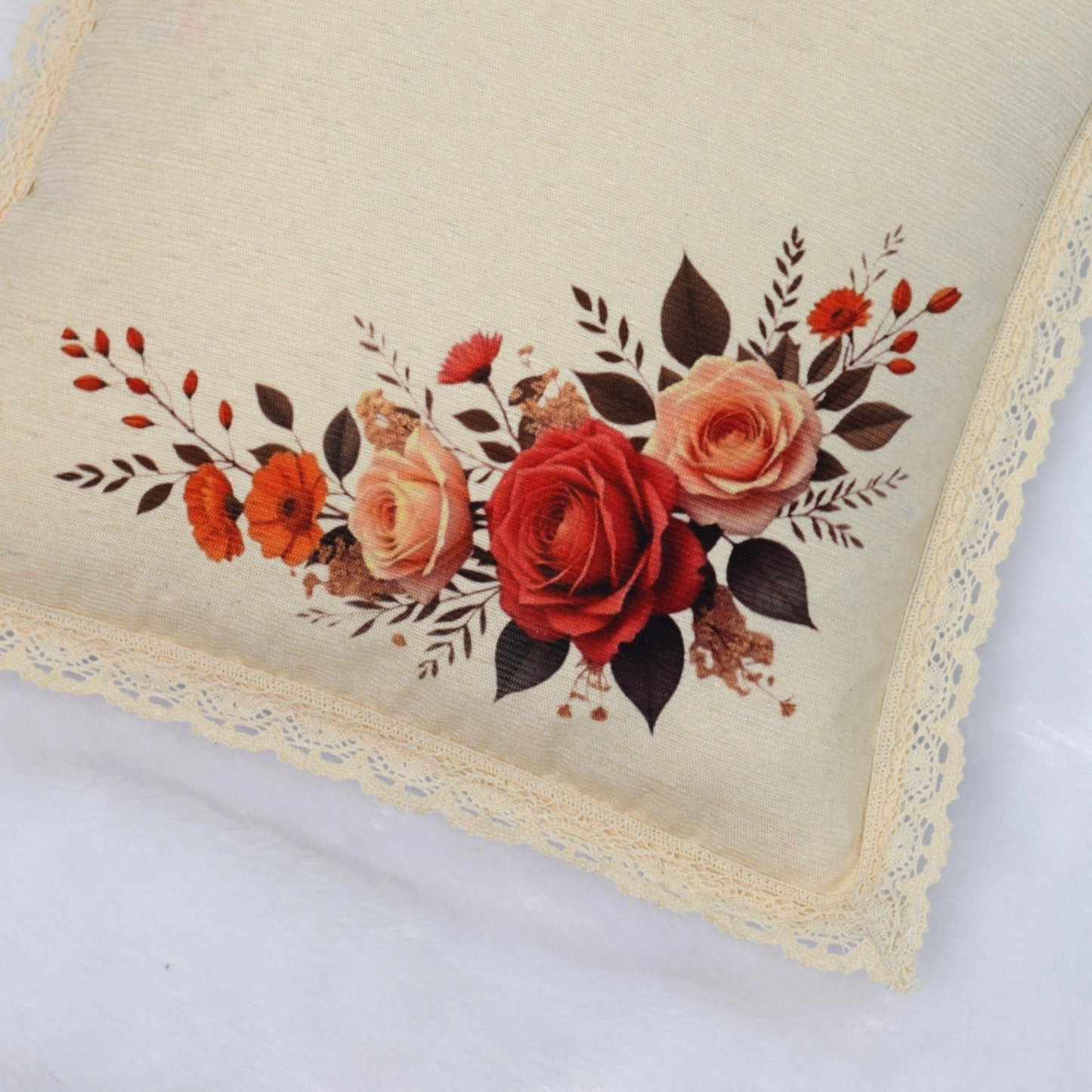 Set of 5 Floral Printed Cushion Covers – Synthetic linen Elegant Beige with Rose Motif