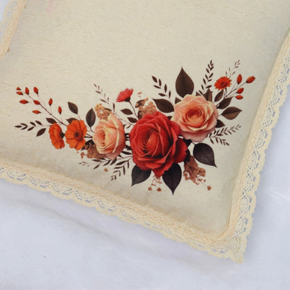 Set of 5 Floral Printed Cushion Covers – Synthetic linen Elegant Beige with Rose Motif