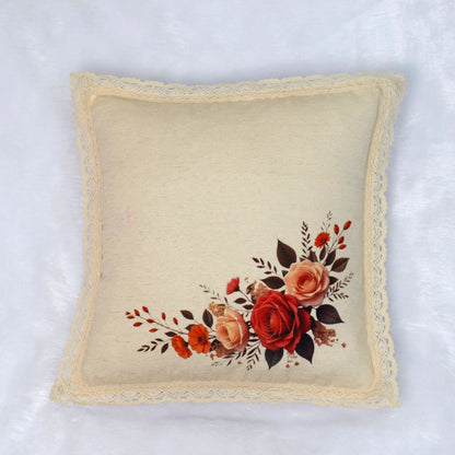 Set of 5 Floral Printed Cushion Covers – Synthetic linen Elegant Beige with Rose Motif