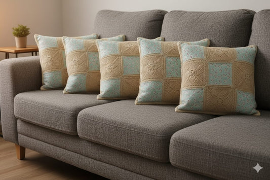 Handmade Crochet & Floral Patchwork Cushion Cover – 16x16 Inch