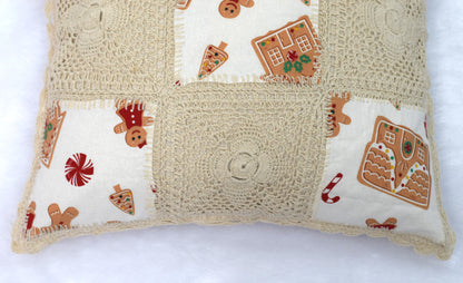 Handmade Crochet Patchwork Cushion Cover – Gingerbread Christmas Design-16x16 inch