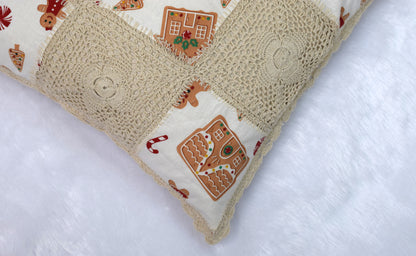 Handmade Crochet Patchwork Cushion Cover – Gingerbread Christmas Design-16x16 inch