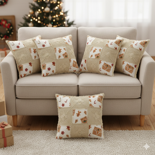 Handmade Crochet Patchwork Cushion Cover – Gingerbread Christmas Design-16x16 inch