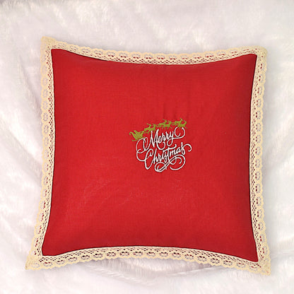 Christmas Red Cushion Cover with Embroidered “Merry Christmas” Design with Lace Border- 1 CUSHION – 16x16